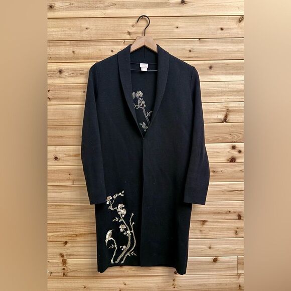 Chicos Size 0/Small 35th Anniversary Gold Floral Embroidered Longline Cardigan - Picture 1 of 11